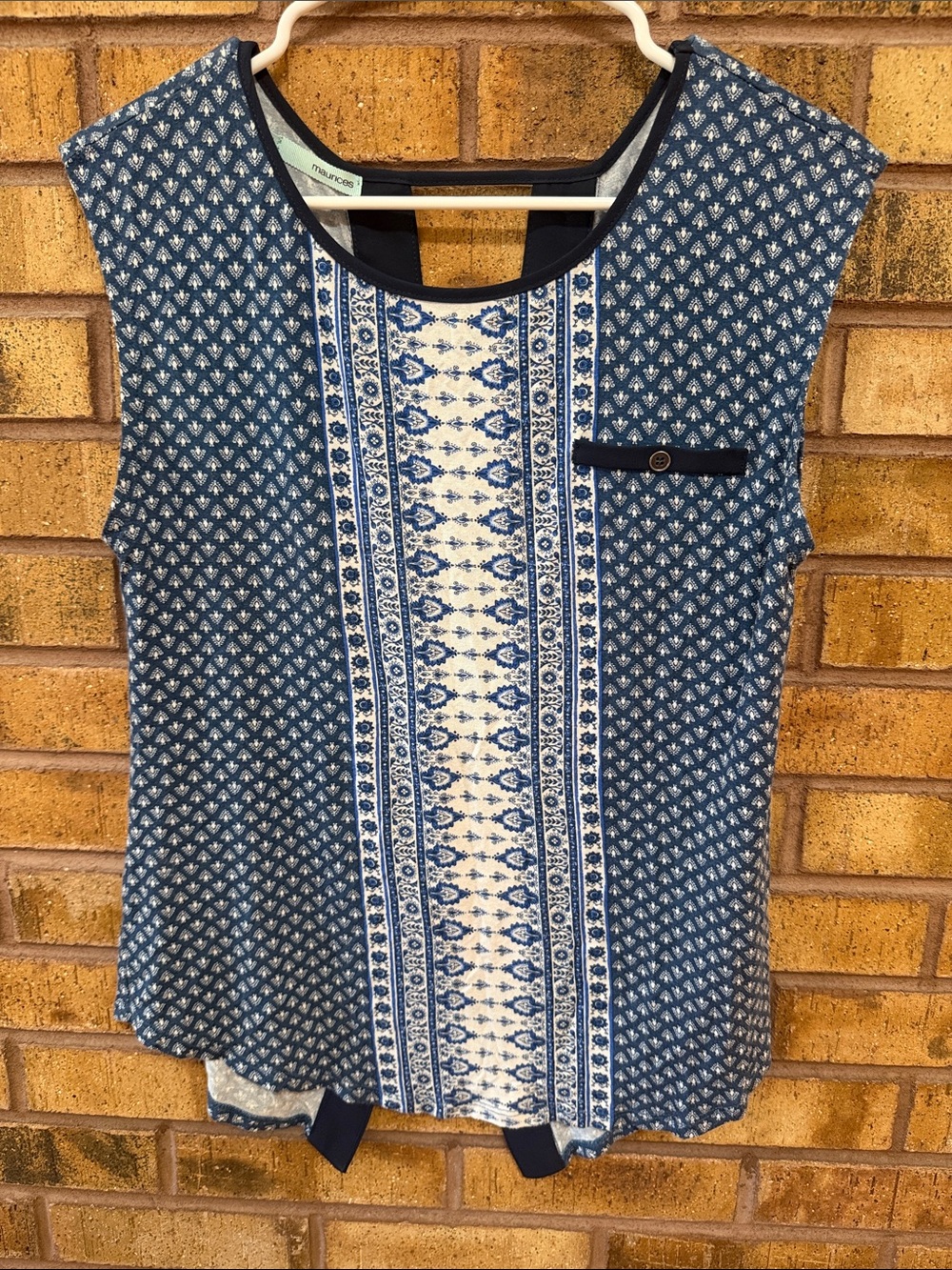 Maurices Blue Patterned Sleeveless Tank with Navy Trim
